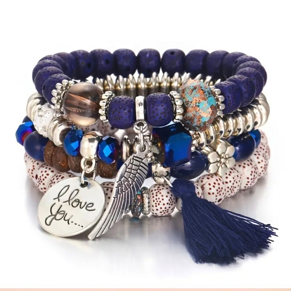 I Love You Heart Charm 4 Piece Boho Beaded Bracelet Set